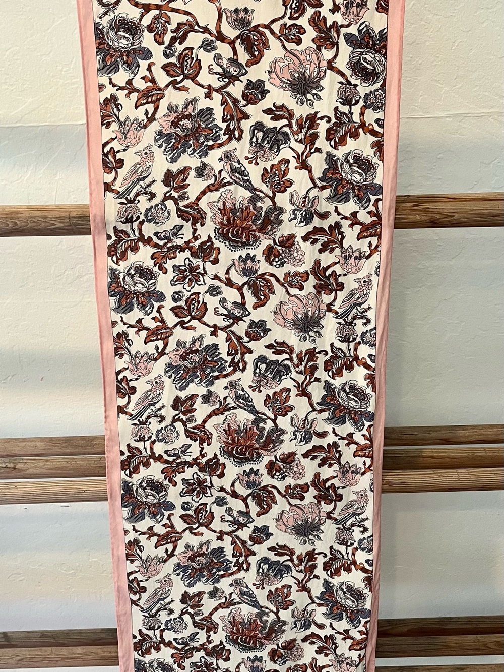 Vintage Ginnie Johansen Floral Bird Printed Silk Scarf in Pink and Cream